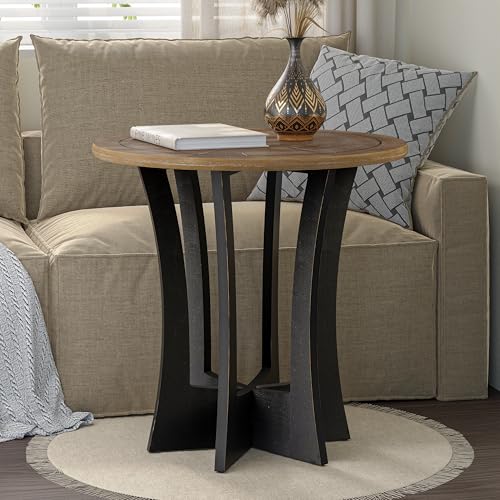 COZAYH Farmhouse Round End Table with Criss-Cross Wood Legs, Rustic French Country Side Table for Dinning or Living Room, Modern, Black, Natural Wood, 23.62’’W*23.62’’D*23.22’’H