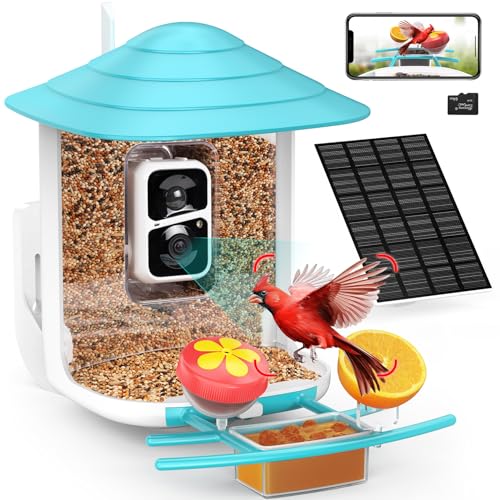 birdsnap® TUC- Smart Bird Feeder with Camera+Solar Panel SD Card 4-in-1 Perch, 160°View 1080P Auto Detect & Notify, AI Identify 10000+ Bird Watching Camera Wireless Outdoor for Bird Lover, Blue