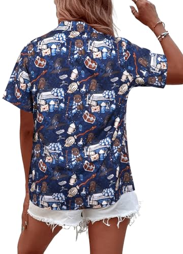 Magical Owl Shirt Graphic Tees: Womens Magic Shirts Fantasy Vacation Button Down Blouse Short Sleeve Tops Blue