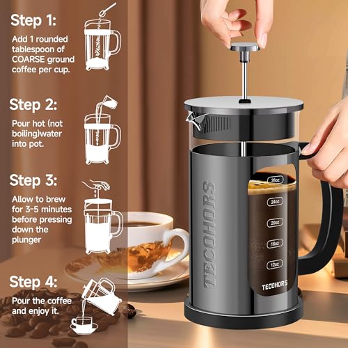 TECOHORS French Press Coffee Maker 34oz / 1 Quart 304 Stainless Steel Coffee Press,with 4 Filters System, Heat Resistant Thickness Borosilicate Glass, Brewed Coffee Pot (Bright Black)