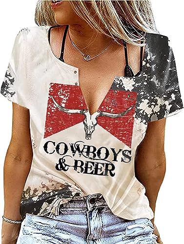 Cowboys & Beer Shirt for Women Country Music Tshirt Vintage Western Steer Skull Graphic Tees Cowboy Rodeo Blouse Top (Gray-Bleached S)