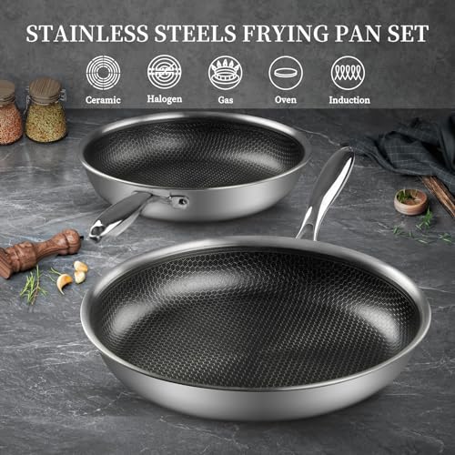 Innerwell Tri-Ply Stainless Steel Frying Pan Set with Lid,8 Inch,9.5 Inch and 11 Inch Nonstick Honeycomb Stainless Steel Cooking Pan Set of 3，Skillet Works Pan for Cooking with Induction Gas Stovetops