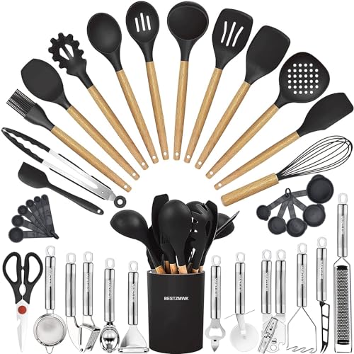 Cooking Utensils Set- 35 PCs Kitchen Utensils with Grater,Tongs, Spoon Spatula &Turner Made of Heat Resistant Food Grade Silicone and Wooden Handles Kitchen Gadgets Tools Set for Nonstick Cookware