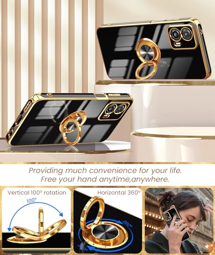 Dretal for Moto G 5G 2023 Case, 2X Screen Protector, 360° Rotatable Ring Holder Magnetic Kickstand,Plated Gold Edge Slim Soft TPU Protective Cover for Motorola G 5G 2023 (Black, ZH)