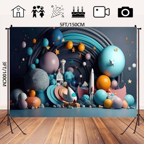 Photography Background Outer Space Universe Galaxy Stars Balloons Birthday Backdrop Universe Planet Star Galaxy Astronaut Rocket Kids Birthday Party Decoration Boy Portrait Background (Blue, 5 * 3FT)