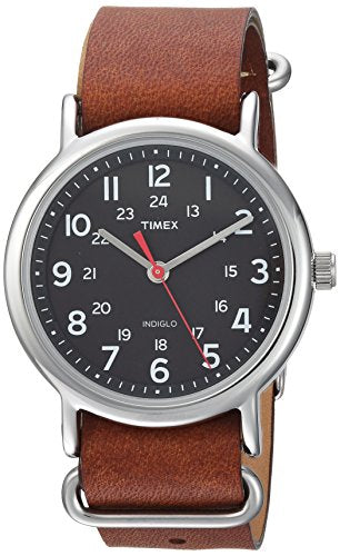 Timex Unisex Weekender 38mm Watch – Silver-Tone Case Black Dial with Brown Leather Slip-Thru Strap