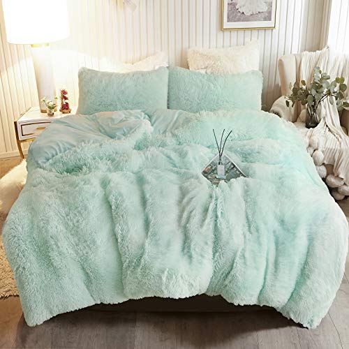 XeGe Plush Shaggy Duvet Cover Set, Luxury Ultra Soft Velvet Fluffy Bedding Sets 3 Pieces(1 Furry Faux Fur Comforter Cover + 2 Fuzzy Faux Fur Pillow Cases), Zipper Closure(Queen, Light Gray Ombre)