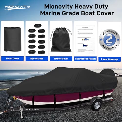 Mionovity Boat Cover 14-16 ft,Waterproof Bass Boat Cover 14 15 16 foot,600D Canvas Heavy Duty Boat Cover 16 feet,Fits V-Hull Fishing Runabout Bowrider Boat,17'-19' Boat Cover with Outboard Motor Cover