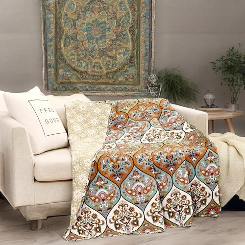 DaDalogy Bohemian Quilted Throw Blanket – Reversible Floral Paisley, Soft for Couch & Bed Throw/Lap Throw– Salmon, Blue, Pink – 50x60 inches