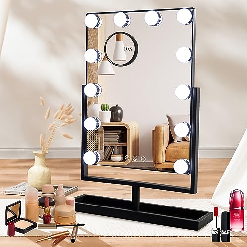 SLIMOON Hollywood Vanity Mirror with Lights, 12 Dimmable LED Bulbs Lighted Makeup Mirror with Detachable 10X Magnification Mirror, 1000mAh Rechargeable, 3 Color Lights, Touch Control