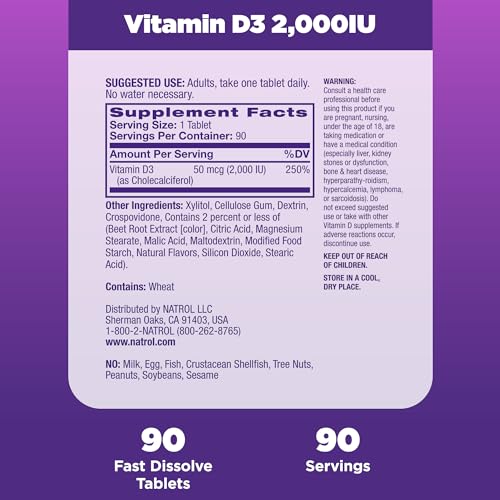 Natrol Vitamin D3 Tablets, Dietary Supplement, Bone & Joint Health, Support Your Immune Health, 2000 IU, 90 Count