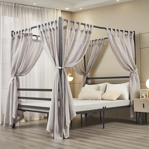 Mengersi Linen Canopy Bed Curtains for Twin,Full,Queen and King Size Bed,Bed Canopy Natural Blended Curtain Panels, 8 Panels Set (All Bed Sizes, Gray)