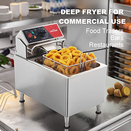 CROSSON ETL Listed 15Lbs Electric Deep Fryer with No-Assembling-Needed Solid Basket,Lid and Height Adjustable Legs for Restaurant Use,120V/1800W Commercial 8L Countertop Deep Fryer