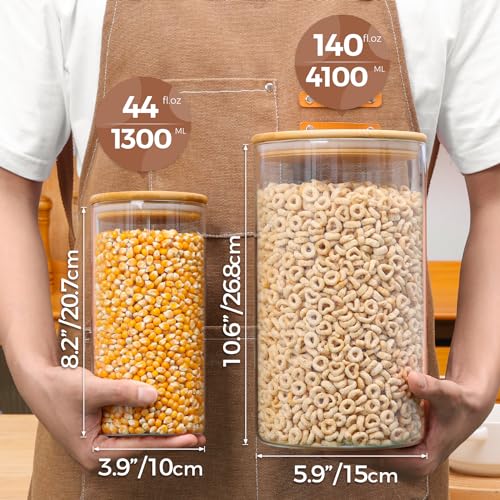 ComSaf Glass Food Storage Containers with Bamboo Lid (1.1Gallon/44oz), Glass Jar with Airtight Lid Clear Glass Food Canister Set of 2 for Dry food like Rice, Sugar, Flour, Pasta, Cereal, Beans, Nuts