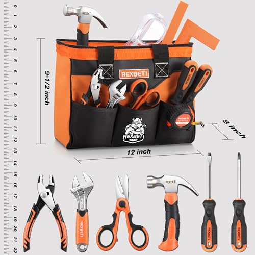 REXBETI 10-Piece Kids Tool Set with Real Hand Tools, Orange Durable Storage Bag, Children Learning Tool Kit for Home DIY and Woodworking, 6+ Year Old Birthday Gift
