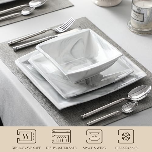 MALACASA Dinnerware Sets, 30-Piece Marble Plates and Bowls Sets for 6, Porcelain Square Dish Set with Dinner Plate, Dessert Plate and Soup Plate, Cup and Saucer, Kitchen Dinnerware, Series Amparo