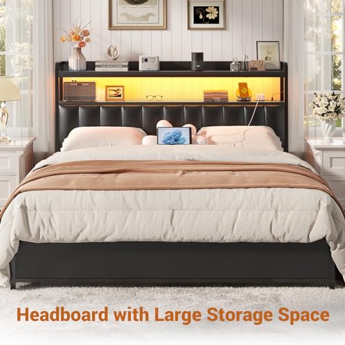 Aheaplus Headboard for Twin Size Bed Frame, Upholstered Headboards with Outlets, USB Ports and LED Light, Leather Head Board with Storage, Height Adjustable, Comfortable Headboard, Twin Size, Black