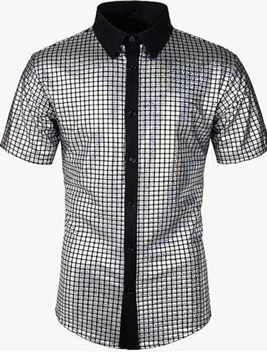 JIEFULL Mens 70s Disco Shirt Sequins Shiny Prom Costume Short Sleeve Button Shirts for Nightclub Party(Light Rainbow,S)