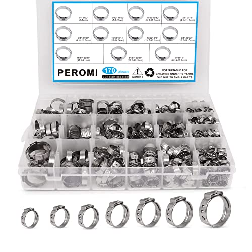 170 Pcs 304 Stainless Steel Single Ear Hose Clamp, 11 Sizes 1/4-1 Inch Constant Crimp Stepless Cinch Rings Crimp Assortment Kit with Ear Clamp Pincer for Water Pipe By PEROMI