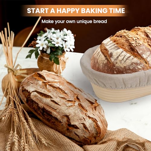 KIKCOIN Banneton Bread Proofing Basket, 10 Inch Oval Sourdough Bread Baking Supplies, Sourdough Proofing Basket Set of 2, Sourdough Starter Kit with Bread Lame, Linen Liner, Metal Scraper