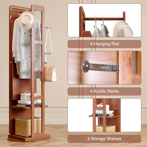 LVSOMT 360° Swivel Jewelry Armoire, Rotatable Full Length Mirror with Jewelry Storage, Standing Jewelry Cabinet with Coat Rack, White, Soild Wood