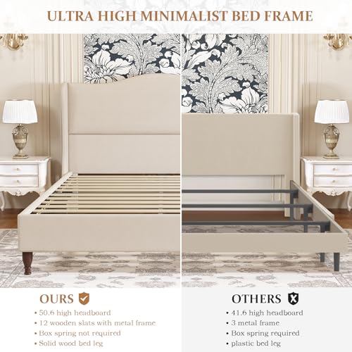 koorlian Full Size Bed Frame Upholstered Platform Bed with 51" Tall Headboard Wingback, Soft Fabric, Retro Simple Style Platform Bed No Box Spring Needed, Easy Assembly, Beige
