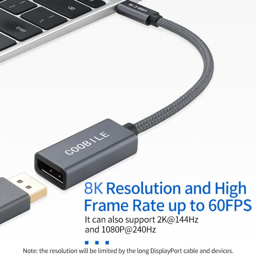 COOBILE USB 3.1 Gen2 Type C to DisplayPort 1.4 Adapter Cable [8K@60Hz, 4K@144Hz, 2K@240Hz,HDR] Thunderbolt 4/3 to DP Compatible with MacBook Pro,Galaxy S20 S21,Surface Book, iPhone 15(Grey)