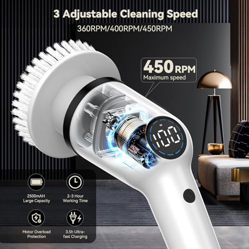 Electric Spin Scrubber - IMAXTOP Cordless Cleaning Brush with 8 Replaceable Heads, Shower Cleaner with Long Handle, Bathroom, Grout, Tub, Floor, Kitchen Cleaner