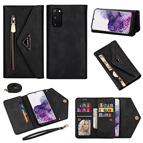 Furiet Wallet Case for Samsung Galaxy S20 5G 6.2 inch Leather Flip Zipper Purse Handbag with Credit Card Holder Shoulder Strap and Wrist Strap Lanyard Phone Cover for S 20 20S UW S2O G5 Women Black