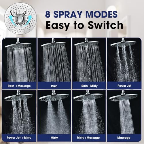 PDPBath Large 10 Inch Rain Shower Head with Extension Arm, 8-Setting Rainfall Showerhead with Extender, High Pressure Shower Heads with 16.7" Shower Arm Extension, Chrome