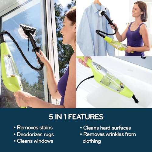 H2O HD Dual Buff Steam Mop, 8 in 1 Handheld Steam Cleaner For Kitchen Tile Floors, Hardwood Floors, Grout Cleaner, Upholstery Cleaner and Carpets, 2 washable scrub pads, 8 cleaning accessories