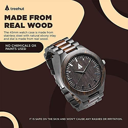 Treehut Wooden Watches for Men, Great Japanese Quartz Analog, Stylish Exotic Watch with Adjustable Stainless Steel Clasp, Buckle, Made from Ebon Wood, Relojes Hombre Mujeres