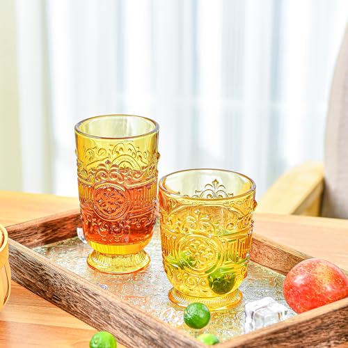 Sungmor Vintage Drinking Glasses Beverage Glass Cups, Set of 3 Embossed Wine Goblets & Highball Glasses and Old Fashioned Glasses, Amber Cocktail Drinking Glassware, 10 oz Water Tumblers Juice Glasses