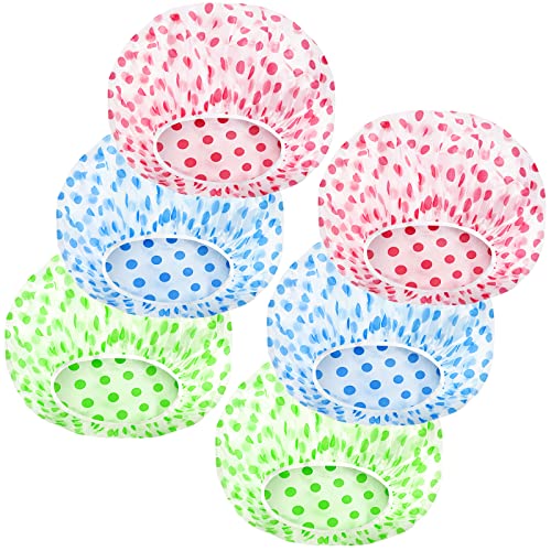 MZD8391 Shower Cap, Reusable Shower Hat Bath Caps - Waterproof with Elastic Band Hair Hat for Men Women Ladies Spa Salon (Coloful Dotted) (6 Packs)