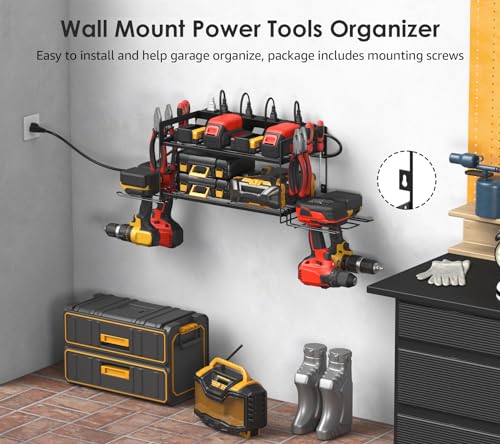 CCCEI Garage Tools Storage with Charging Station. Power Tool Battery Organizer Utility Shelf with Power Strip. 4 Drills Holder Wall Mount Rack, Black.