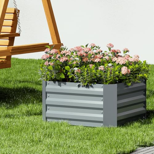 MoNiBloom Garden Beds Outdoor for Vegetables 24“x24”x12“, Galvanized Steel Metal Outdoor Planter Kit Box for Flowers Fruits Herbs,Sturdy and Easy to Assemble, Silver