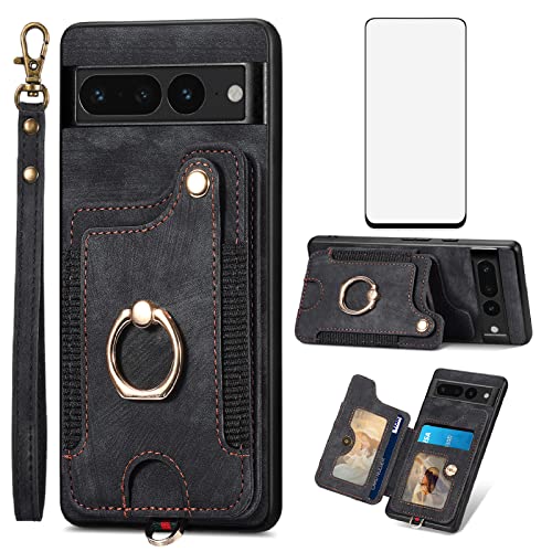 Phone Case for Google Pixel 7 Pro 5G Wallet Cover with Screen Protector and Wrist Strap Lanyard RFID Credit Card Holder Ring Stand Cell Accessories Pixel7Pro Pixel7 XL Seven 7Pro 6.7 Women Men Black