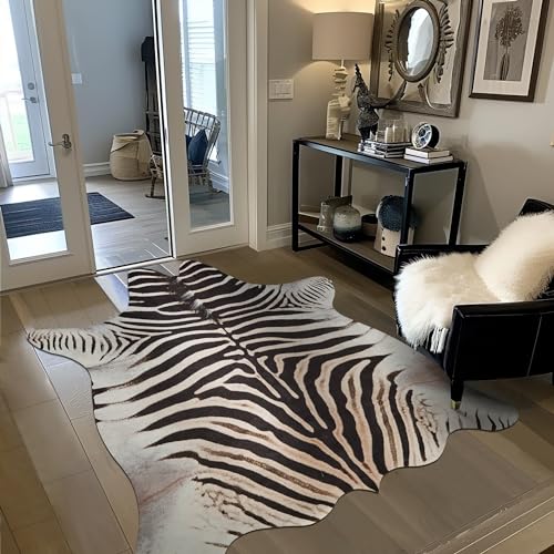 jinchan Zebra Print Area Rug Faux Skin Cowhide Animal Design Mat Faux Suede Safari Accent Rug Indoor Floorcover for Bedroom Living Room 3x4 Feet