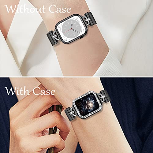 JOYOZY Magnetic Band Compatible with Apple Watch Band 38mm 40mm 41mm 42mm 44mm 45mm Milanese Strap with Bling Case and Screen Protector, Dressy Stainless Steel iWatch Loop for Women (Black 38mm)