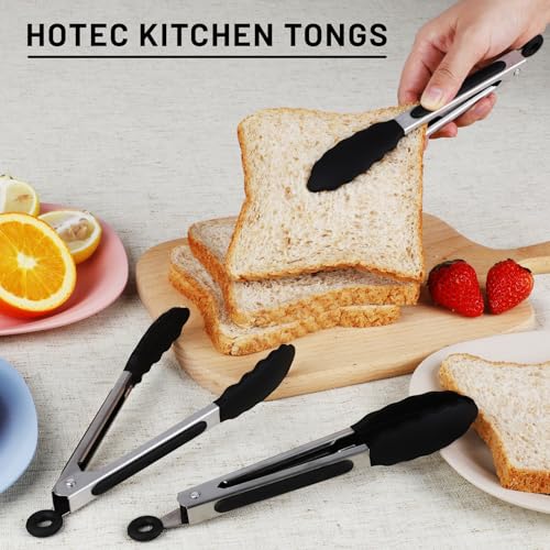 Hotec Mini Silicone Kitchen Tongs for Cooking - 7-Inch Small Serving Tongs with Silicone Tips, Set of 3 (Black)