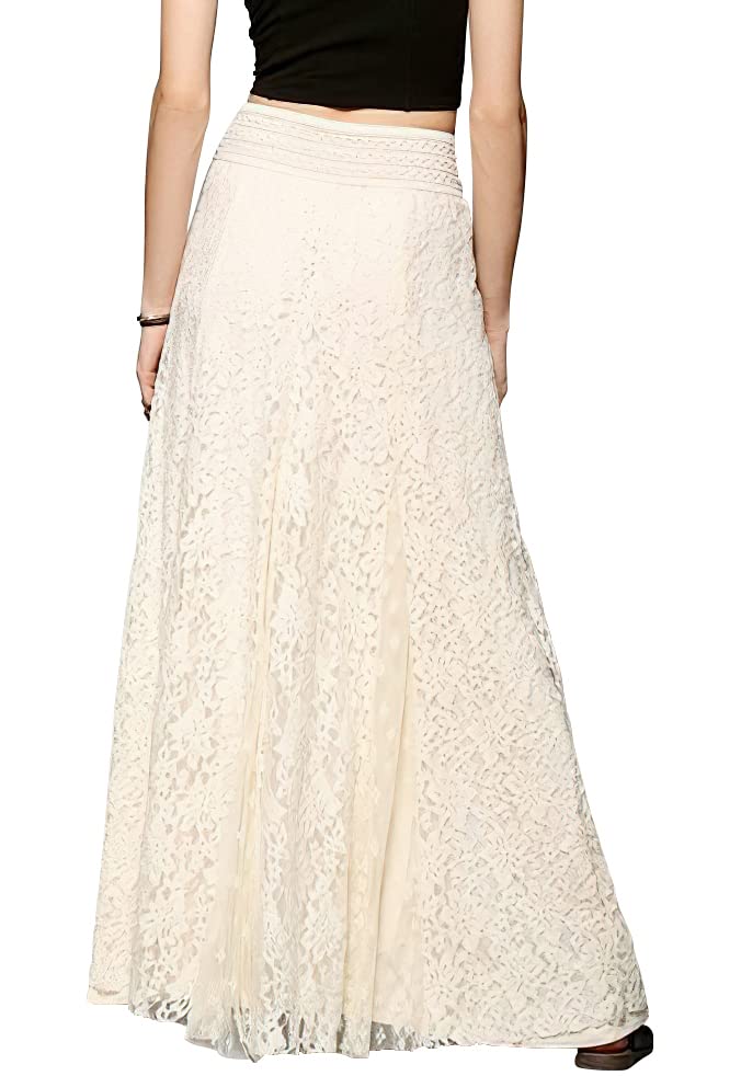 CHARTOU Womens Elegant Floral Lace Elastic High Waist Pleated Maxi Long Beach Skirts (X-Small, Beige)
