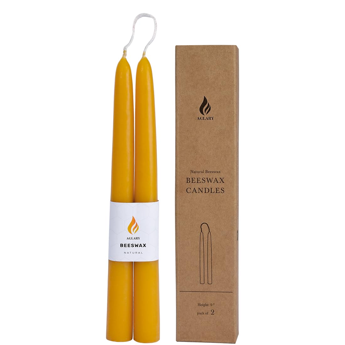 Aglary 2PCS Beeswax Taper Candles, 9" Handmade Natural Candles, Dripless and Smokeless，9 Hour Burn Time