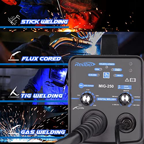 Redbo MIG-250 Gas/Gasless/Lift TIG/ARC 4 in 1 Multiprocess 130Amp Mig Welder,110V Household Small Pure Copper ARC MMA Stick Welder,Automatic Wire Feeding MIG Welding Machine