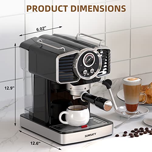 SUMSATY Espresso Machine 20 Bar, Professional Espresso Maker with Milk Frother Steamer Wand, Espresso Coffee Machine Black, Cappuccino & Latte Machine for Home, Retro, 1.8L Removable Water Tank