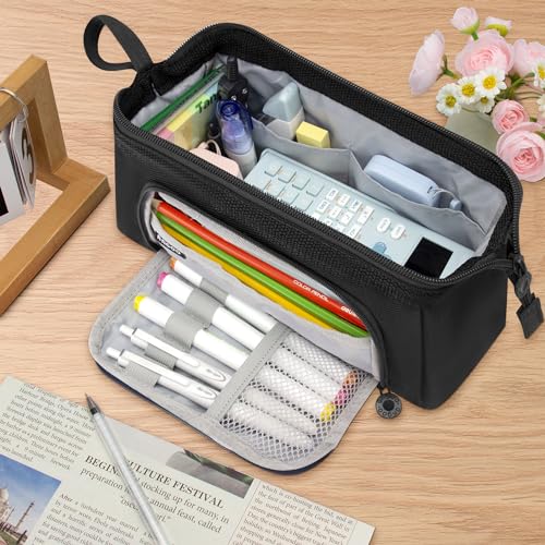 Vocuer pencil case big pencil pouch pencil box large pencil bag for school, pen cases for adults special pencil cases for girls cute aesthetic big capacity pencil bags with zipper(Black)