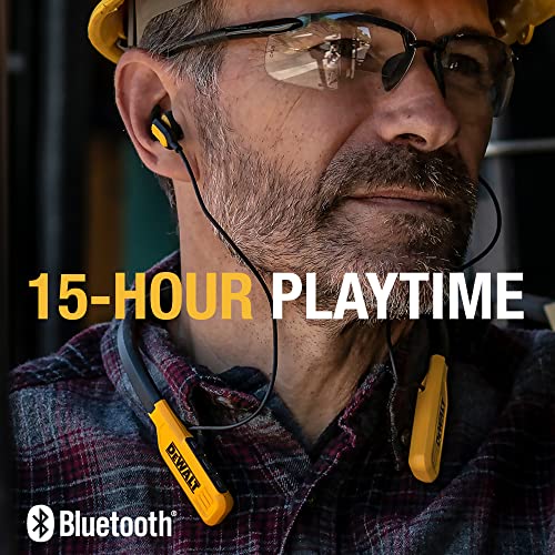 DEWALT Wireless Bluetooth Neckband Headphones — Neckband Earphones with 30H Runtime — Secure Magnetic Earbuds — Noise-Isolating Wireless Earbuds — Jobsite Pro Built-in Mic for Crystal-Clear Calls