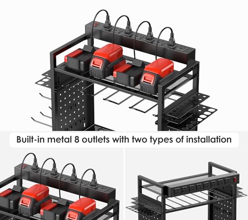 CCCEI Power Tool Organizer Cart with Charging Station, Garage Floor Rolling Storage Large Cart on Wheels for Mechanic, Mobile 6 Drill, Tool Box Utility Cart with Battery Charging Power Strip, Black.