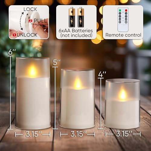 Homemory Realistic Flickering Flameless Candles with Dancing Flame, LED Candles, Battery Operated Candles with Remote and Timers, Frosted Acrylic, Outdoor Waterproof, Ivory, Set of 3
