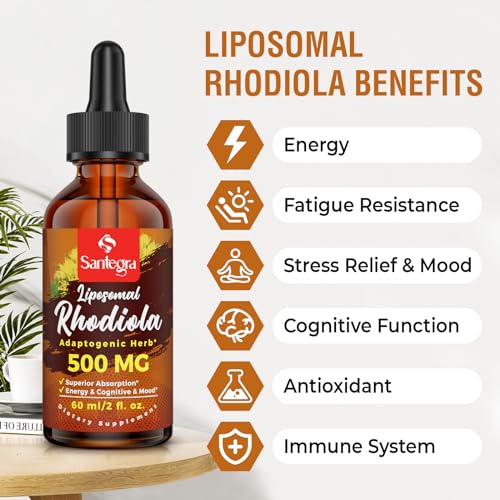 Santegra 57,000 MG Liposomal Active Rhodiola Rosea Supplement, Rhodiola Root Extract, Liquid for High Absorption, Rhodiola Rosea Root Extract Tincture for Energy, Stress, Mood, Vegan, 60 ml