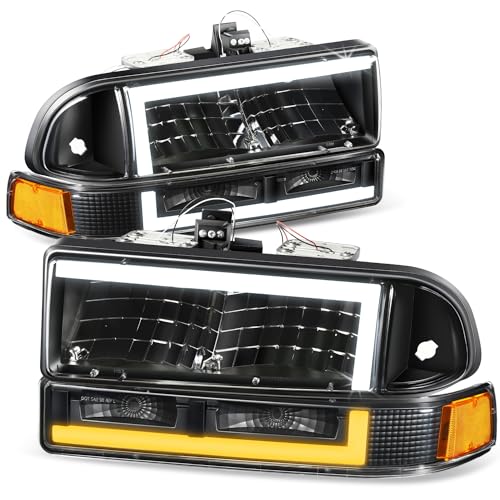 Auto Dynasty 4Pcs Switchback Box Style LED DRL Headlights Assembly and Bumper Lamps Compatible with Chevy Blazer S10 1998-2004, Driver and Passenger Side, Black Housing